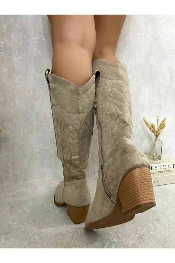 Samira Block Heel Cowboy Boots - Beige