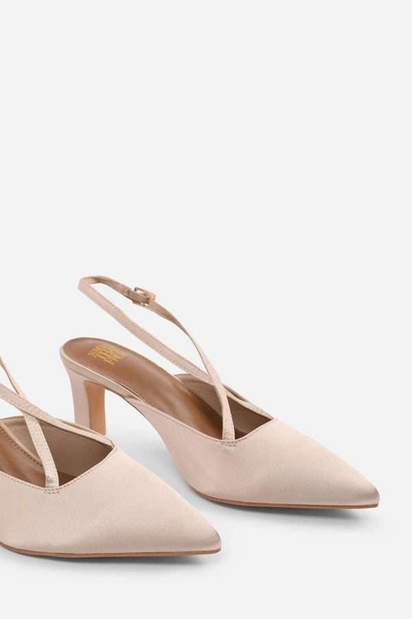 Where's That From Serna Wide Fit Pointed Toe Low Block Heel With Cross Over Ankle Strap in Champagne Satin