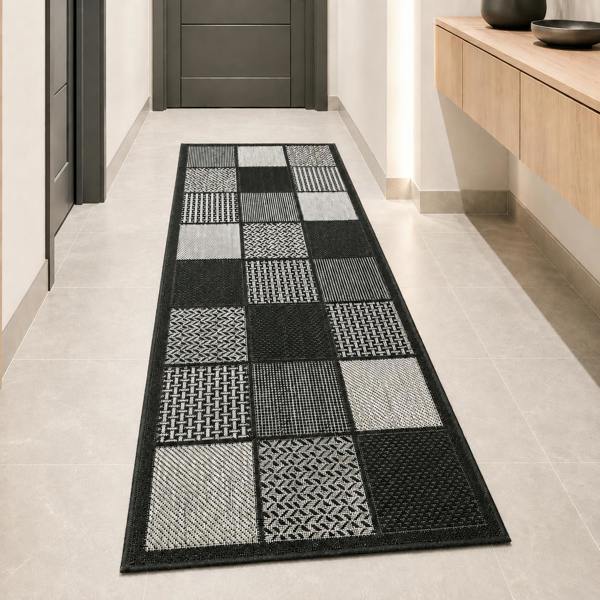 Non-Slip Black Rug Flat Weave Checkered Kitchen Dining Room Living Room Area Mat