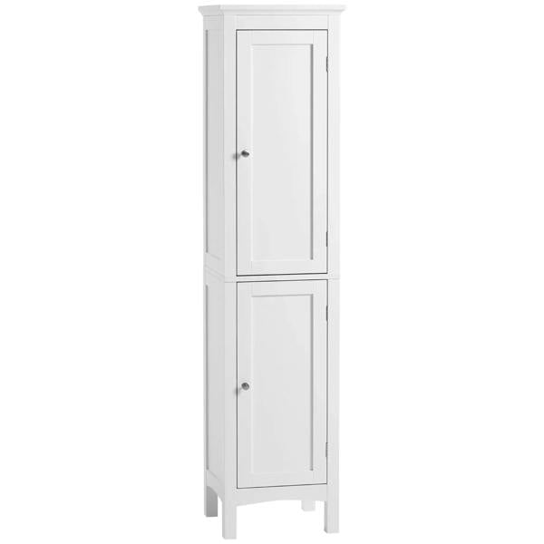White tall slim bathroom storage cabinet with two paneled doors and silver knobs