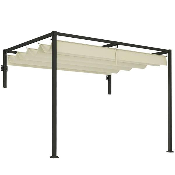 Lean-to steel pergola with khaki sliding fabric canopy and black frame