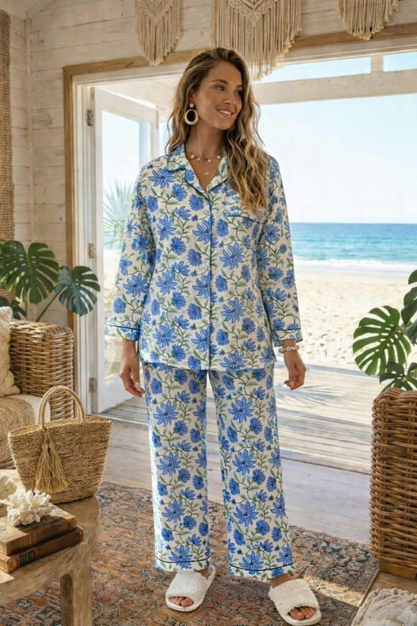 Woodblock Blue Floral Pyjama Set (long)