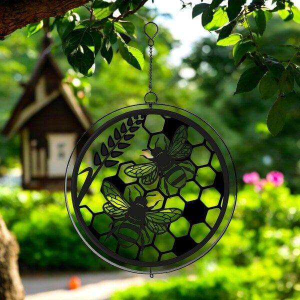 EDH Door Hardware Black Metal Honey Bees Hanging Silhouette Orbit Spinner – 39cm x 23cm | Outdoor & Indoor Wind Spinner for Garden, Patio & Home Décor