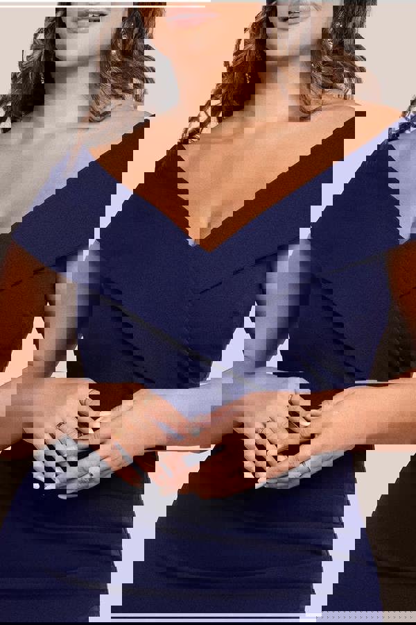 Scuba Crepe Off Shoulder Front Split Maxi Dress - Navy Blue DR2930PLUS