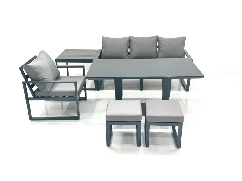 Fimous 6 Seater Garden Sofa Set Aluminium Furniture Rising Dining Tabe Set with Chair Side Table 2 Small Footstools Dark Grey