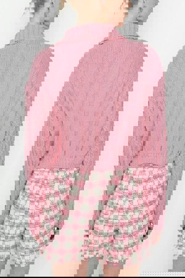 WOVCOR Crop Polo Neck Knit Cardigan with Covered Button Detail