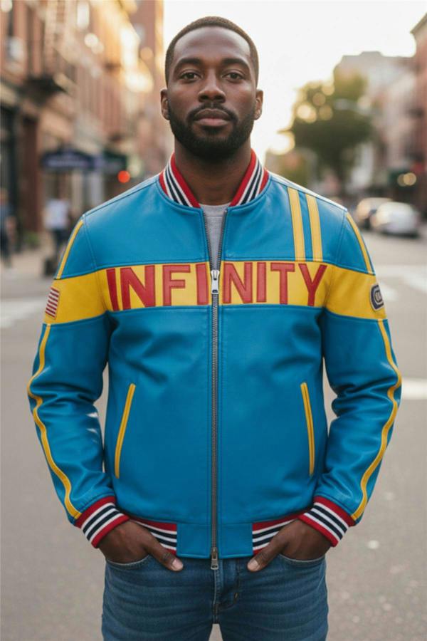 Infinity Leather Men's Blue Leather Track Racing Bomber Biker Jacket - Player