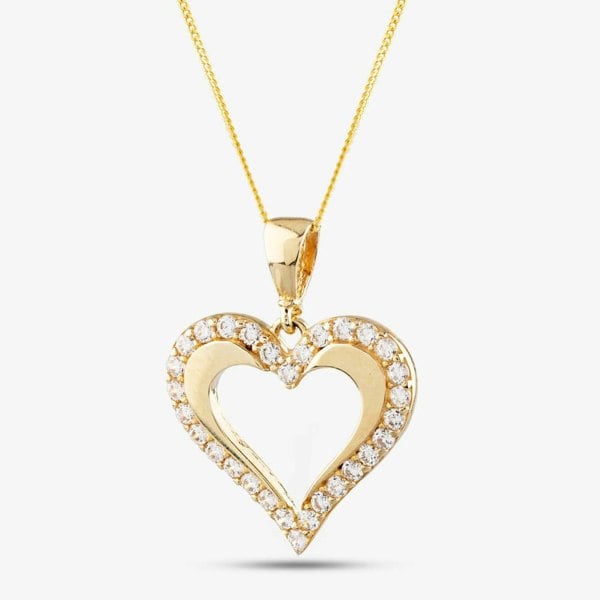 T. H. Baker 9ct Yellow Gold Cubic Zirconia Open Heart Necklace P1606Y