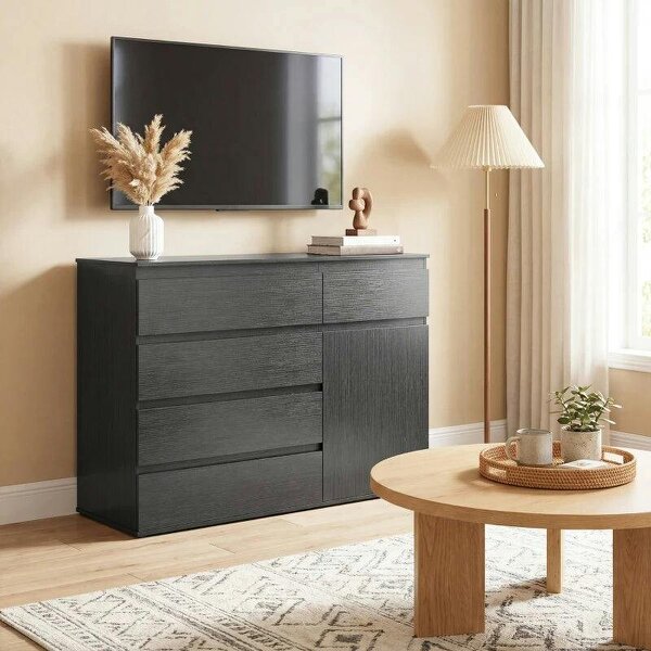 Modern Chest Of Drawers, 5 Drawer Dresser with Adjustable Shelf, Soft-Close Door, Black