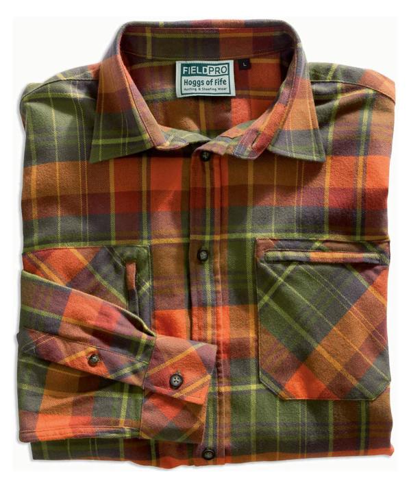 Folded view of Hoggs of Fife Autumn Hunting Shirt showing traditional orange check and button detail for countryside use