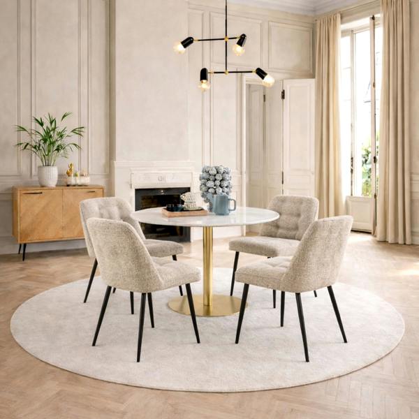 Furniture To Go Corby Round Dining Table with White Polished Marble Top & Gold Base inc 4 Brooke Dining Chairs in Beige