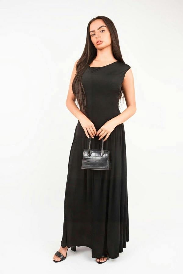 Tylah Short Sleeve Pleated Relaxed Maxi Dress - Black