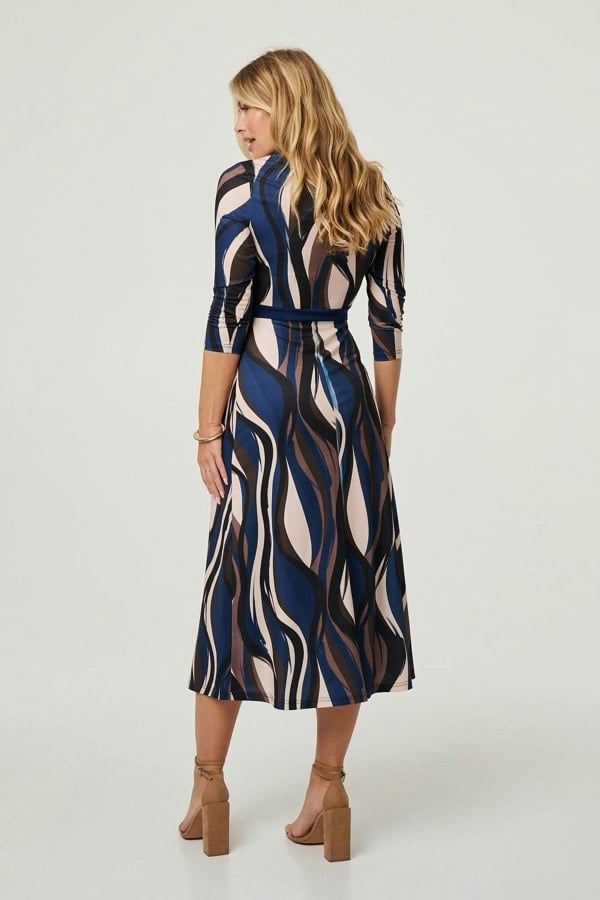 Blue | Striped 3/4 Sleeve Midi Wrap Dress
