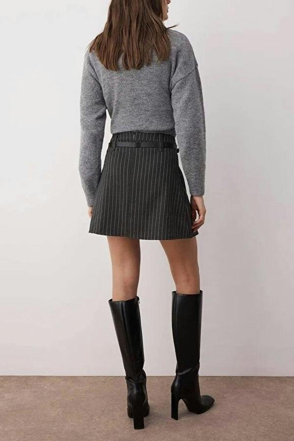 WOVCOR Belted Striped A-Line Woven Mini Skirt