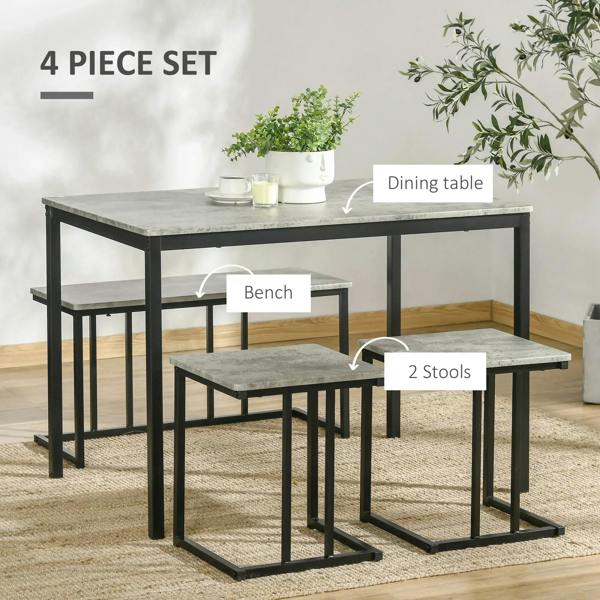 Grey concrete-effect dining table with bench and two stools in a 4-piece set
