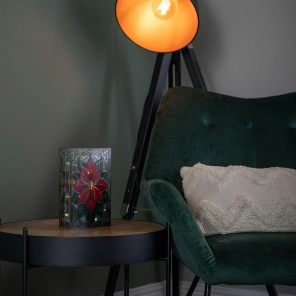 Samuel Alexander 21cm Battery Operated Light up Double Sided Stained Glass Poinsettia Decoration with LEDs