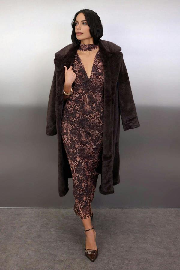 WOVCOR Animal Knit Tulle Maxi Evening Dress with Shawl Detail