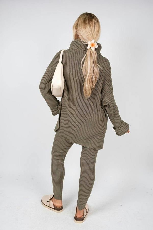 Mila Chunky Knitted High Roll Neck Top Bottom Co-ord Set - Khaki