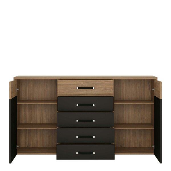 Wyld Haus Dunedin Black and Natural Oak Effect Wide Cupboard 2 Door 5 Drawers