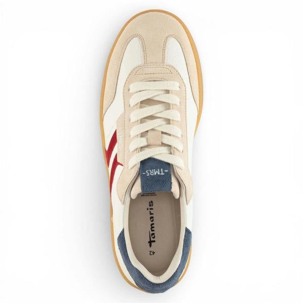Tamaris Men’s Off White Leather Red Stripe Trainer Sneaker Shoes