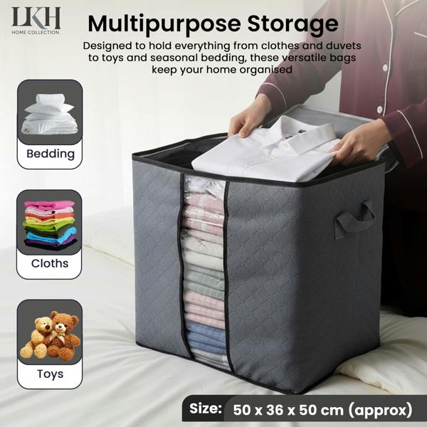 LKH HOME COLLECTION LKH Clothes 3 Pack Storage Bags 90L - Foldable Fabric Storage Boxes - Non-Woven with Handles & Zipper for Bedding & Wardrobe