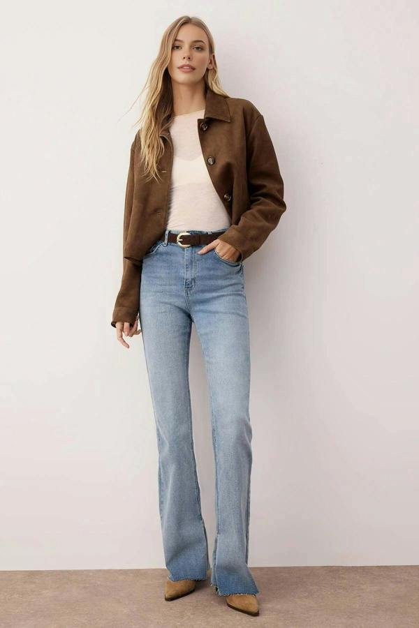 WOVCOR High Waist Flare Smoke Jeans with Slit Detail