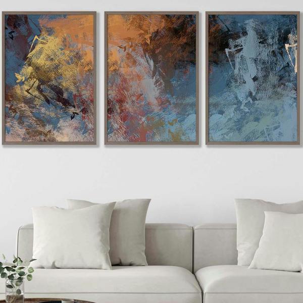 Artze Wall Art Set of 3 Abstract Blue and Orange Framed Wall Art Prints