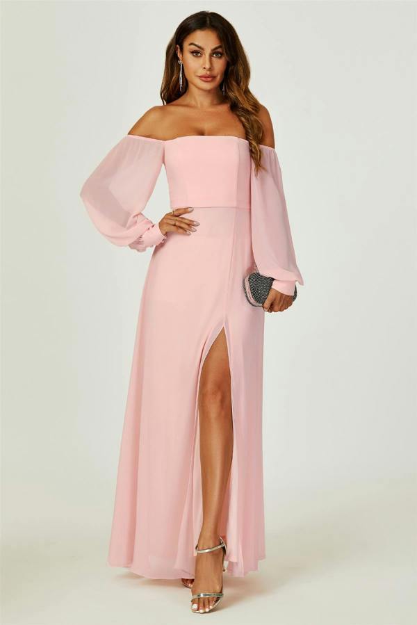 FS Collection Bardot Long Sleeve Bridesmaid Dresses with High Slit In Pink