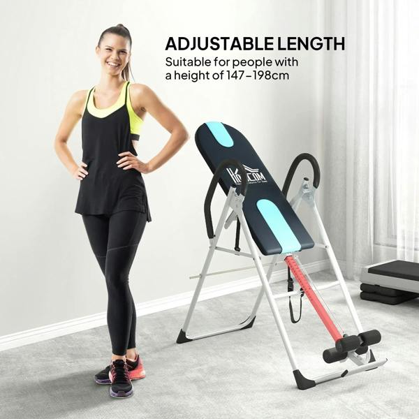 Foldable inversion table with black backrest pad, blue accents, height-adjustable frame