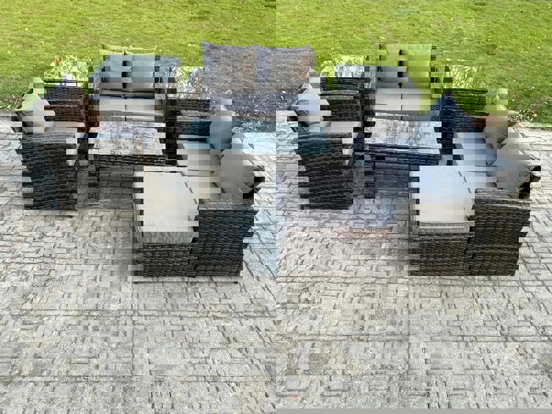 Fimous 7pcs Rattan Outdoor Garden Furniture Sofa Set with Coffee Table 2 Side Tables Big Footstool Dark Grey Mixed