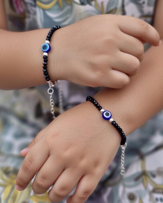 The Colourful Aura Kids Nazaria Evil Eye Black Beaded Bracelet/Anklet