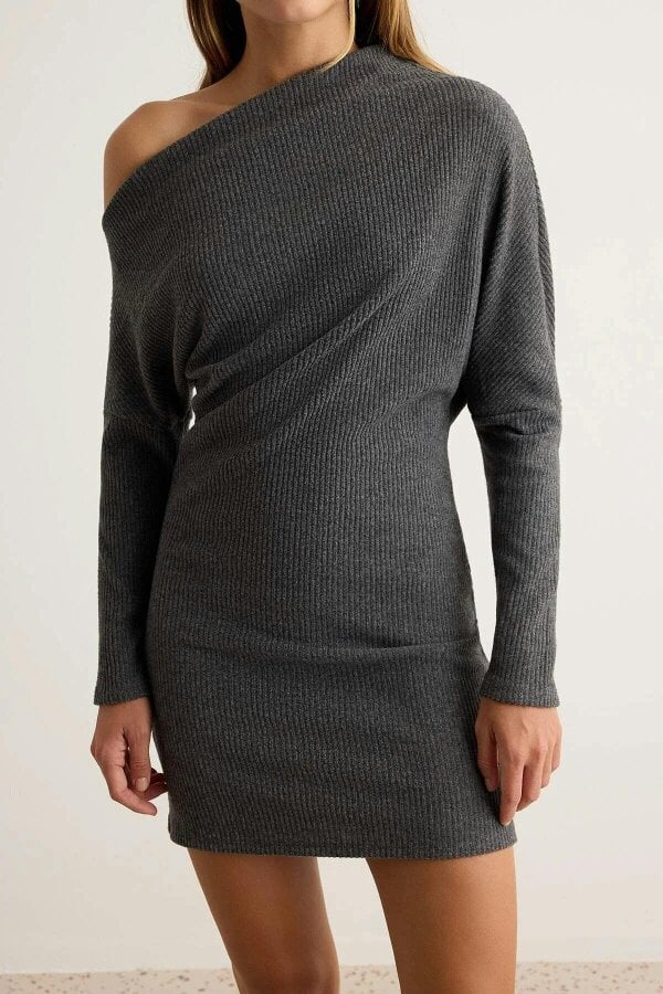 WOVCOR Asymmetric Neck Drop Shoulder Short Sleeve Mini A-Line Dress