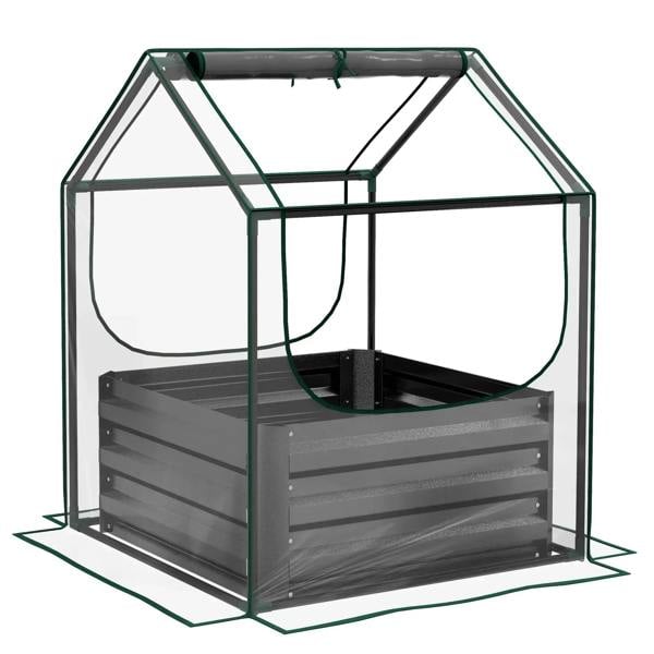 Grey garden planter bed with clear greenhouse cover and dark base slats