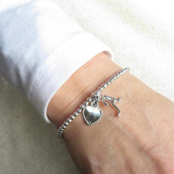 Aye Do Gifts Personalised Silver Initial & Heart Charm Beaded Stretch Bracelet