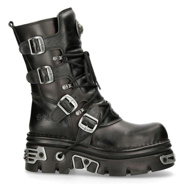 New Rock Unisex Black Leather Gothic Mid-Calf Boots-373-S4