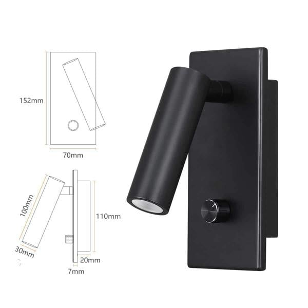 black dimmable reading light image showing the dimesions in a line drawing