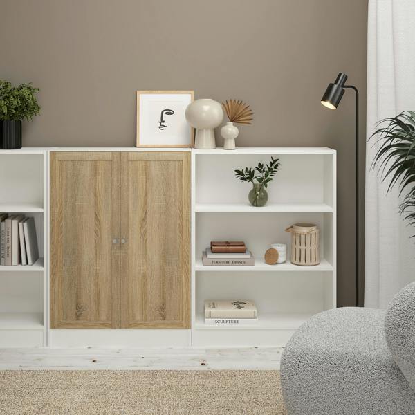 Furniture To Go Basic Low Wide Storage Cabinet in White (2 Shelves) with 2 Oak Doors
