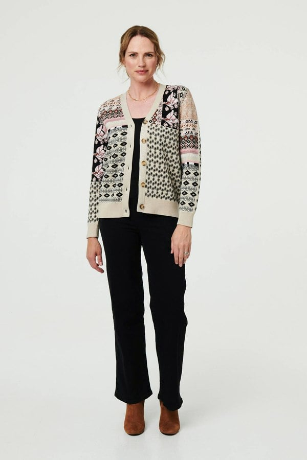 Cream | Patchwork Print Long Sleeve Cardigan
