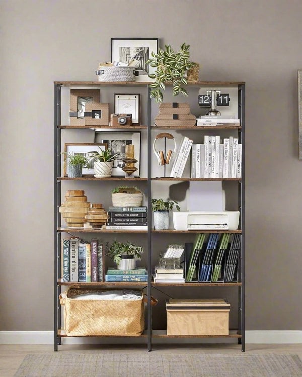 Modcraft 6-Tier Industrial Bookshelf with Steel Frame – Rustic Brown & Ink Black Tall Storage Shelf, 120 cm Wide