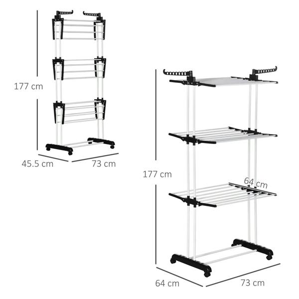 Foldable 4-tier clothes drying rack with caster base shown in size layout