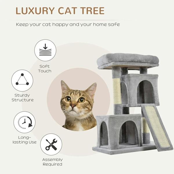 Grey luxury cat tree with top perch, cubby tower, and sisal scratching ramp