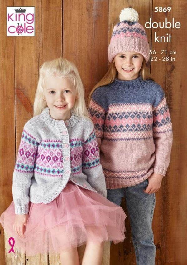 King Cole Big Value DK Knitting Pattern 5869, Sweaters, Headwear, Cardigans for Kids, 22 - 28 Inches