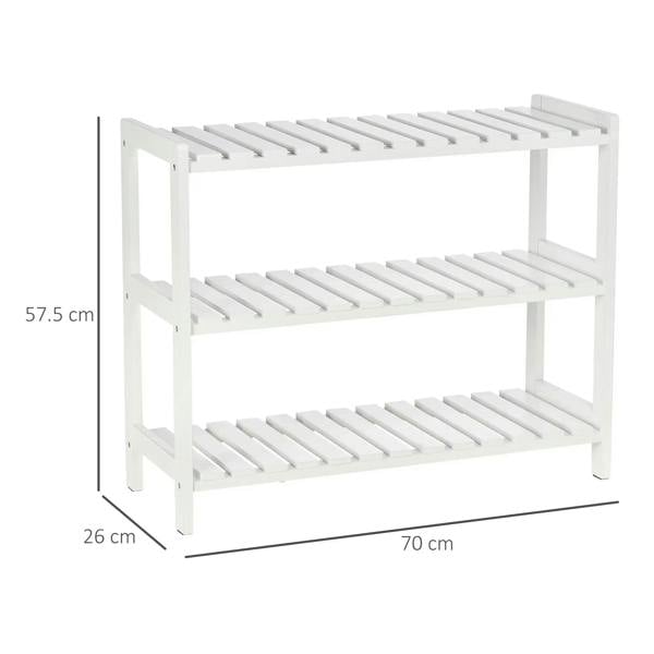White 3-tier shoe rack with slatted shelves, shown with size dimensions