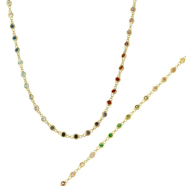 Spero London Colourful Rainbow Jewelled Sterling Silver Chain Necklace and Bracelet Set