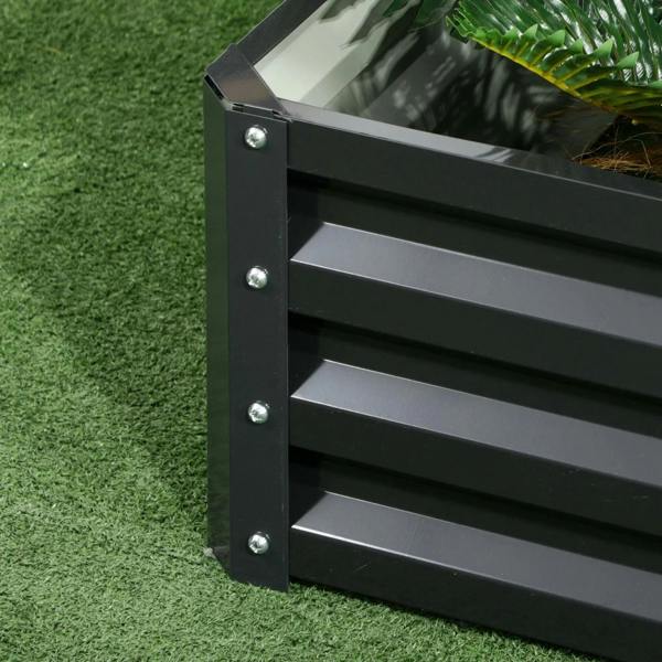 Dark grey raised planter box corner detail with metal screws and slatted sides