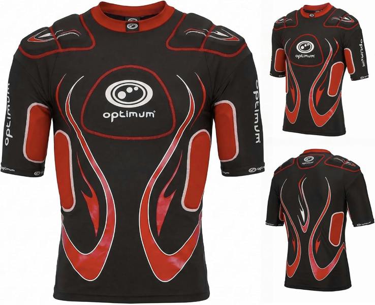 Optimum Inferno Rugby Shoulder Pads Top in Black/Red, World Rugby approved 12-pad EVA protective top - Optimum