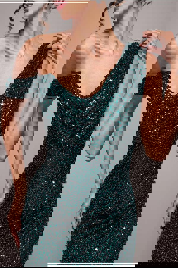 Sequin Cowl One Shoulder Maxi Dress - Emerald Green DR4020