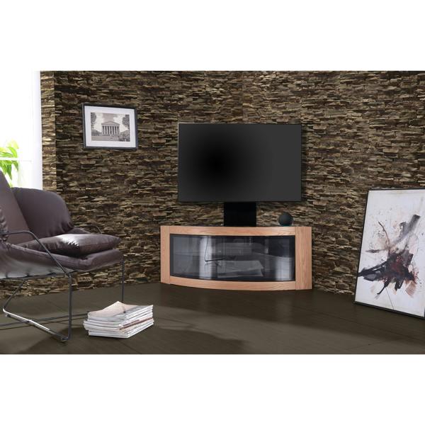 Homeology PANGEA Black/Oak Beam-Thru Curved True-Corner 32"-50" TV Cabinet with Mounting Arm