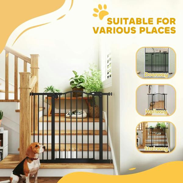 Black metal adjustable pet safety gate with vertical bars and hinged door, for stairs