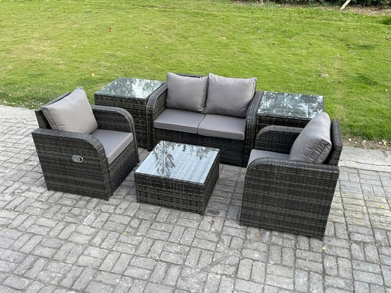 Fimous Wicker PE Rattan Garden Furniture Set Outdoor Lounge Sofa Set with Love Sofa Square Coffee Table 2 Side Tables Dark Grey Mixed